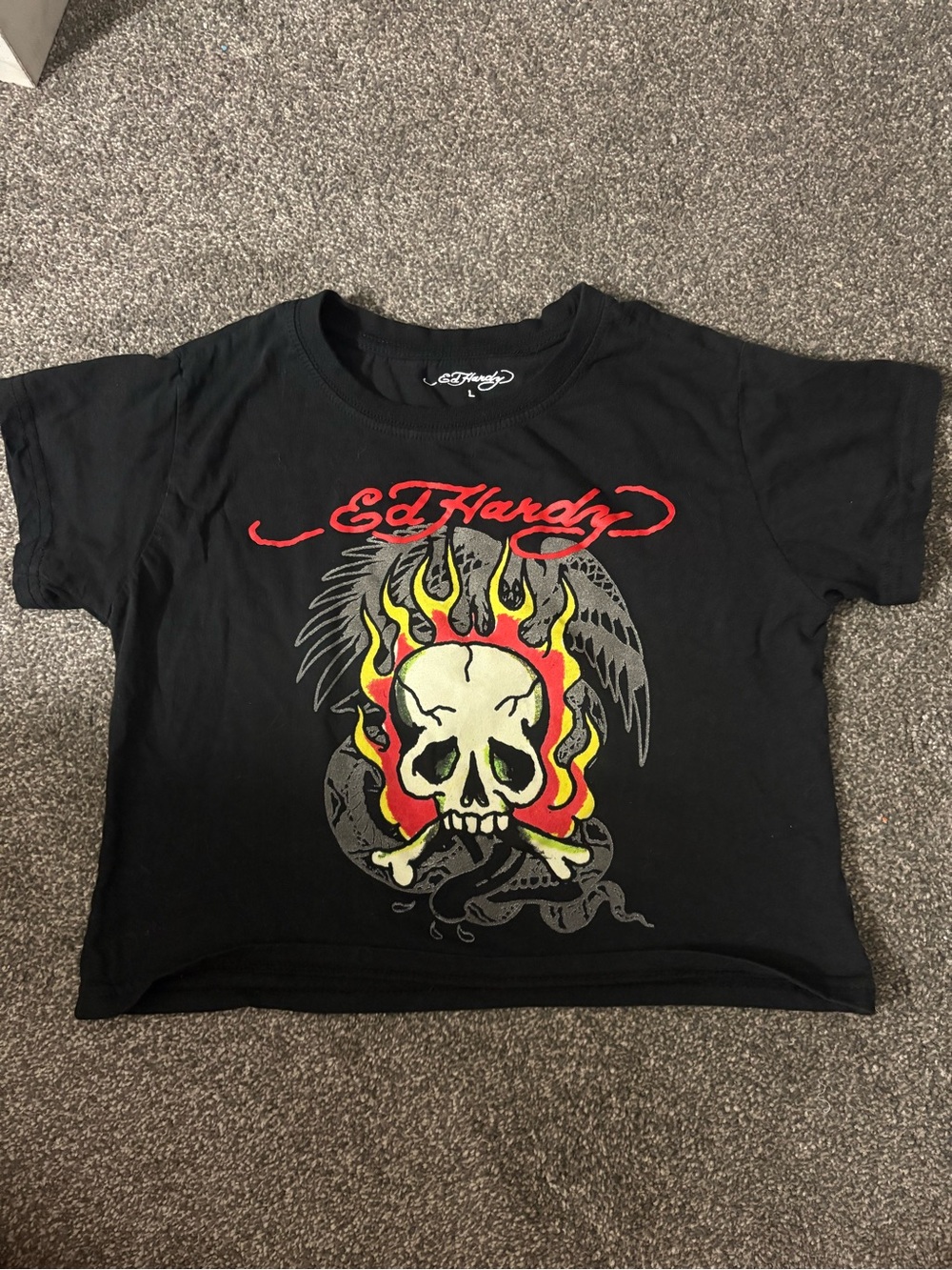 Ed Hardy Black Graphic Skull Crop Top Tee